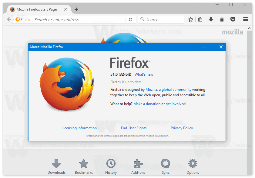 Интерфейс Mozilla Firefox 51